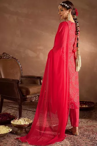 Women Ethnic Motifs Printed Thread Work Silk Chiffon Kurta with Trouser & Dupatta