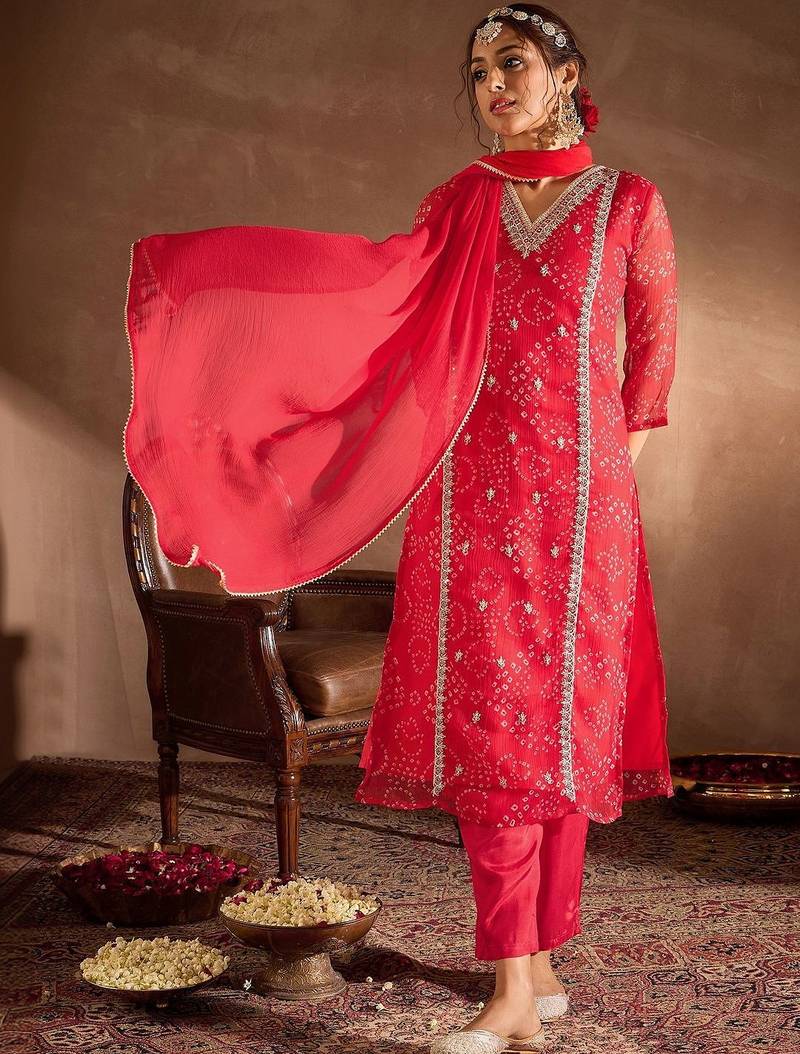 Women Ethnic Motifs Printed Thread Work Silk Chiffon Kurta with Trouser & Dupatta