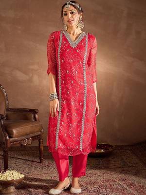Women Ethnic Motifs Printed Thread Work Silk Chiffon Kurta with Trouser & Dupatta 5