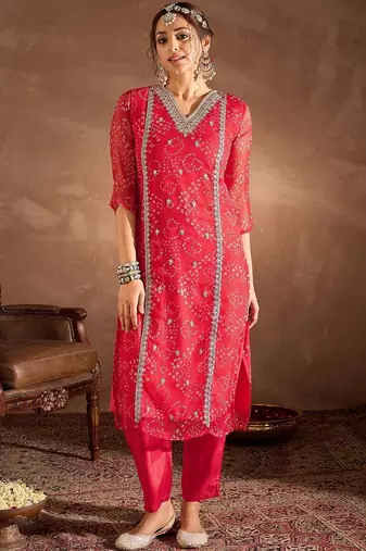 Women Ethnic Motifs Printed Thread Work Silk Chiffon Kurta with Trouser & Dupatta
