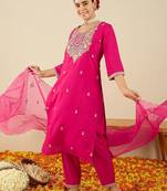 Women Ethnic Motifs Embroidered Regular Thread Work Kurta with Trousers & With Dupatta