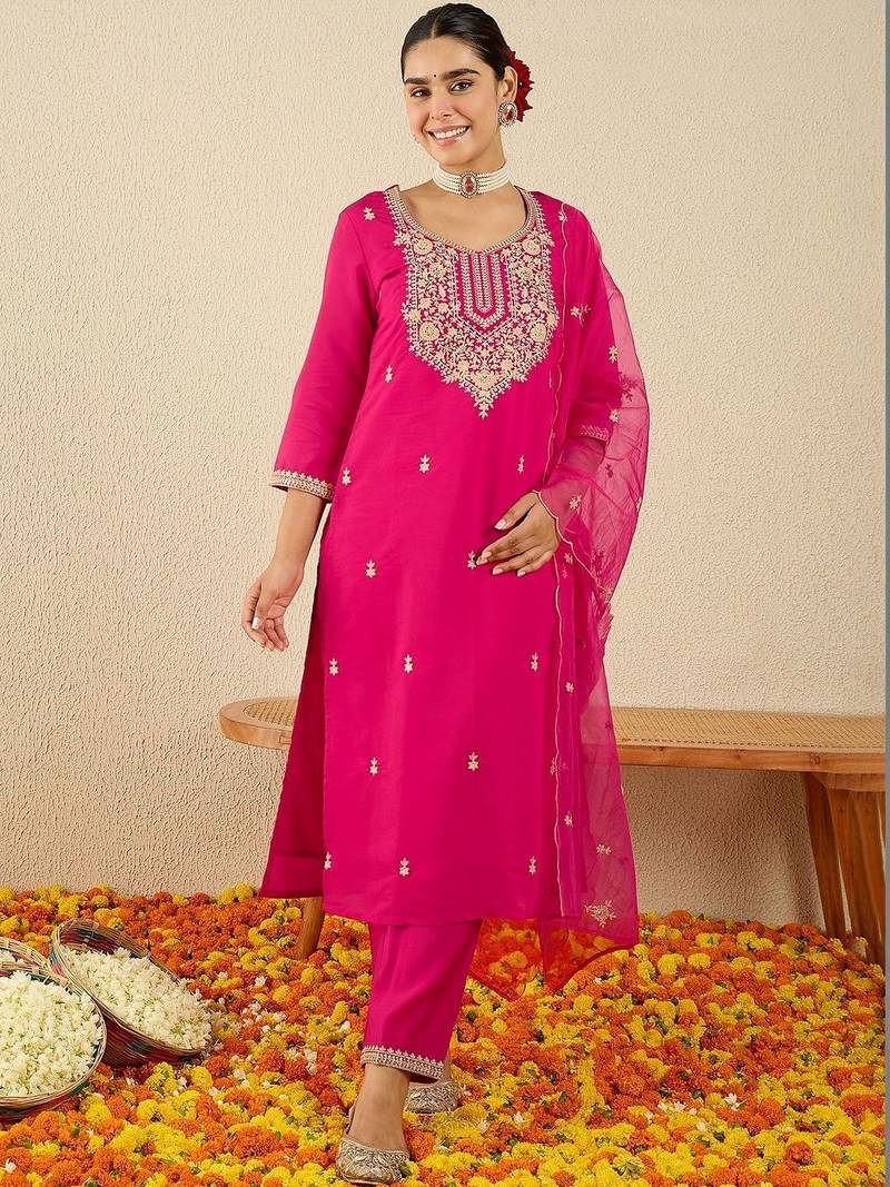 Women Ethnic Motifs Embroidered Regular Thread Work Kurta with Trousers & With Dupatta