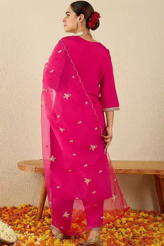 Women Ethnic Motifs Embroidered Regular Thread Work Kurta with Trousers & With Dupatta