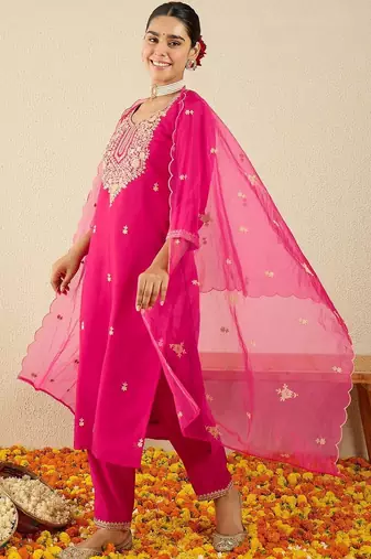 Women Ethnic Motifs Embroidered Regular Thread Work Kurta with Trousers & With Dupatta