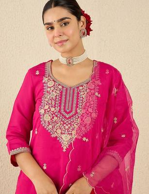 Women Ethnic Motifs Embroidered Regular Thread Work Kurta with Trousers & With Dupatta 6