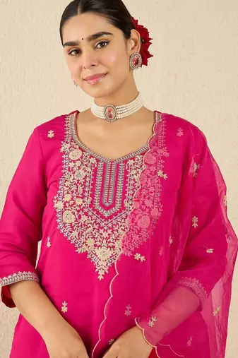 Women Ethnic Motifs Embroidered Regular Thread Work Kurta with Trousers & With Dupatta
