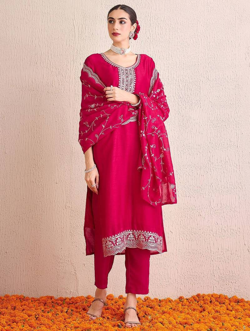 Women Ethnic Motifs Embroidered Regular Sequinned Kurta with Trousers & With Dupatta