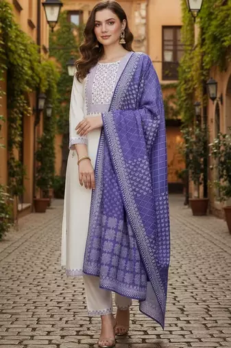 Women Ethnic Motifs Embroidered Regular Thread Work Pure Cotton Kurta with Trousers & With Dupatta