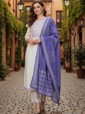 Women Ethnic Motifs Embroidered Regular Thread Work Pure Cotton Kurta with Trousers & With Dupatta 5