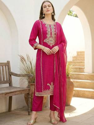 Women Ethnic Motifs Embroidered Regular Thread Work Kurta with Trousers & With Dupatta 1