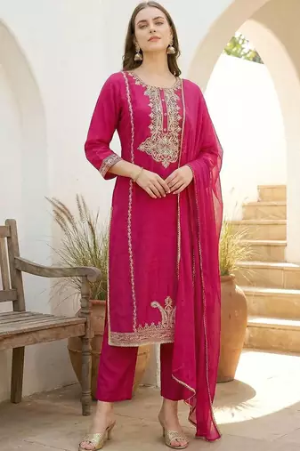 Women Ethnic Motifs Embroidered Regular Thread Work Kurta with Trousers & With Dupatta