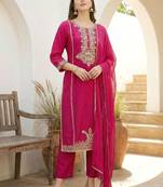 Women Ethnic Motifs Embroidered Regular Thread Work Kurta with Trousers & With Dupatta
