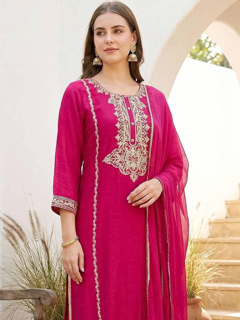 Women Ethnic Motifs Embroidered Regular Thread Work Kurta with Trousers & With Dupatta