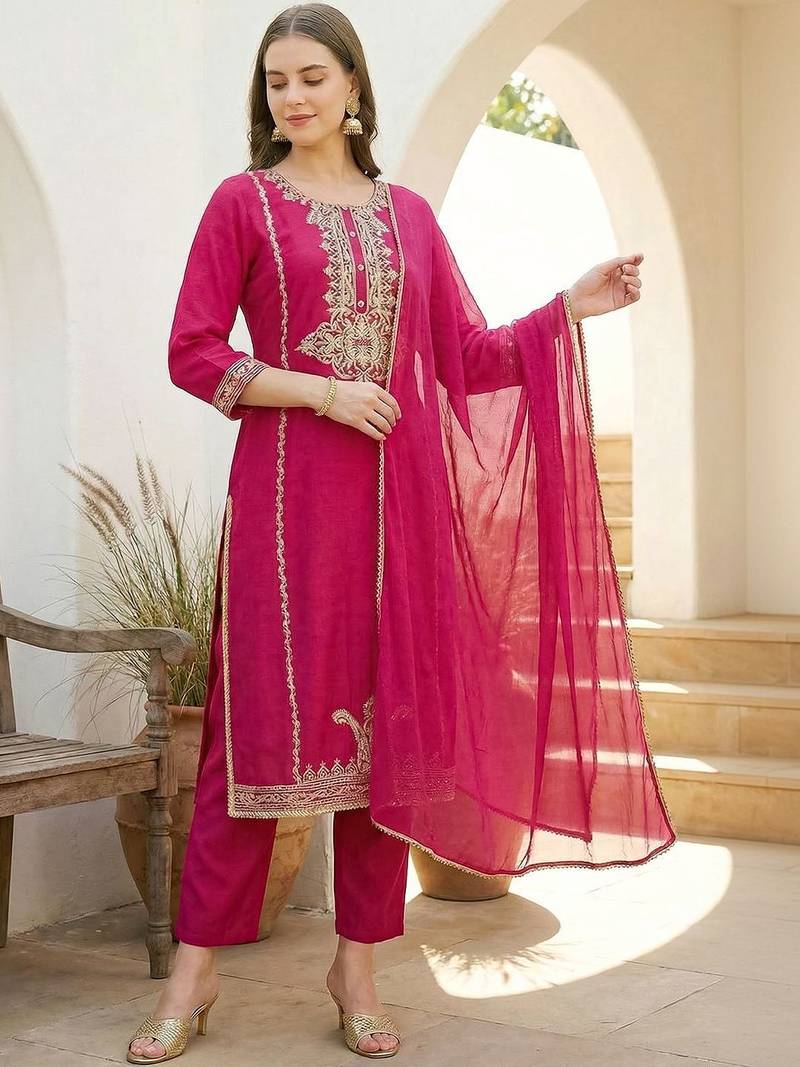 Women Ethnic Motifs Embroidered Regular Thread Work Kurta with Trousers & With Dupatta