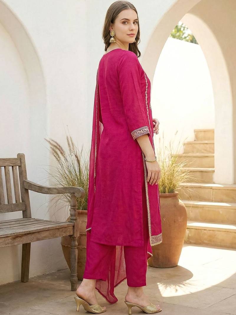 Women Ethnic Motifs Embroidered Regular Thread Work Kurta with Trousers & With Dupatta