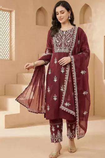 Women Ethnic Motifs Embroidered Thread Work Kurta with Trousers & With Dupatta