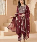 Women Ethnic Motifs Embroidered Thread Work Kurta with Trousers & With Dupatta
