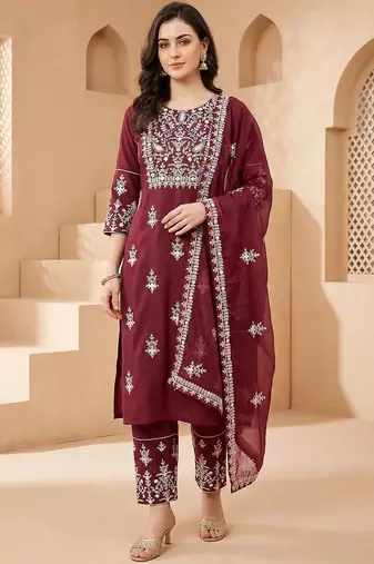 Women Ethnic Motifs Embroidered Thread Work Kurta with Trousers & With Dupatta