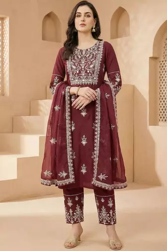 Women Ethnic Motifs Embroidered Thread Work Kurta with Trousers & With Dupatta