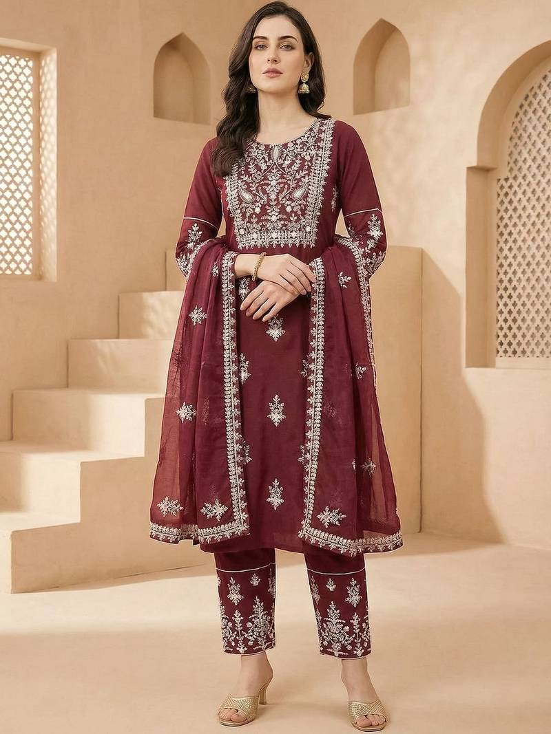 Women Ethnic Motifs Embroidered Thread Work Kurta with Trousers & With Dupatta