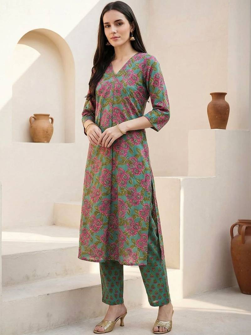 Women Floral Printed Pleated Pure Cotton Kurta with Trousers
