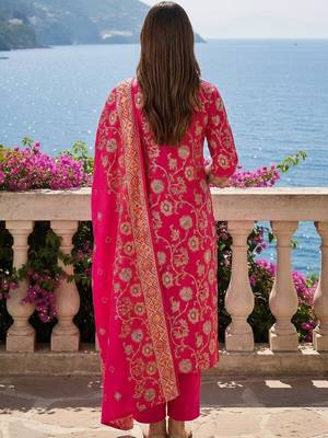 Women Floral Printed Regular Chanderi Silk Kurta with Trousers & With Dupatta 2