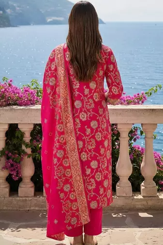 Women Floral Printed Regular Chanderi Silk Kurta with Trousers & With Dupatta