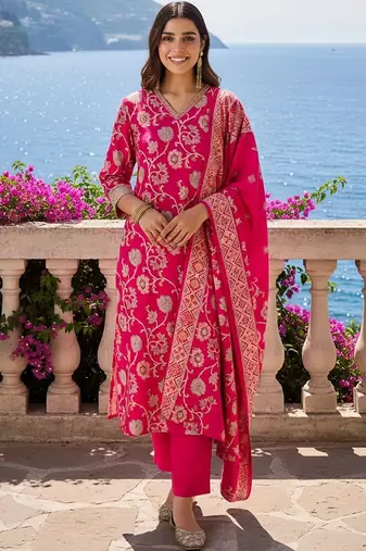 Women Floral Printed Regular Chanderi Silk Kurta with Trousers & With Dupatta