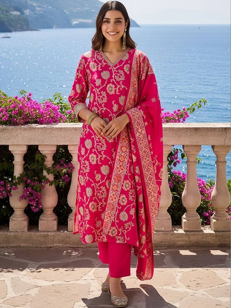 Women Floral Printed Regular Chanderi Silk Kurta with Trousers & With Dupatta