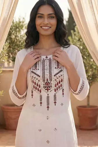 Women Floral Embroidered Regular Thread Work Pure Cotton Kurta with Trousers & With Dupatta