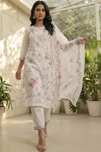 Women Floral Embroidered Regular Thread Work Kurta with Trousers & With Dupatta