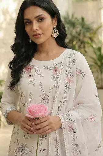 Women Floral Embroidered Regular Thread Work Kurta with Trousers & With Dupatta
