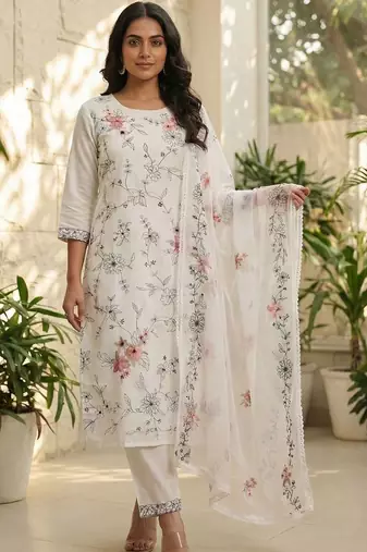 Women Floral Embroidered Regular Thread Work Kurta with Trousers & With Dupatta