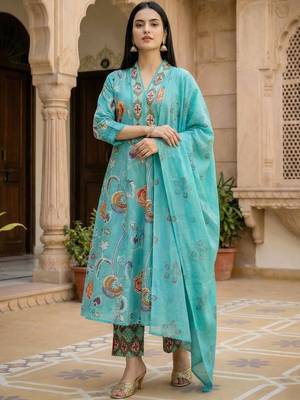 Floral Printed Beads and Stones Pure Cotton Kurta with Trousers & With Dupatta 1