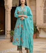 Floral Printed Beads and Stones Pure Cotton Kurta with Trousers & With Dupatta