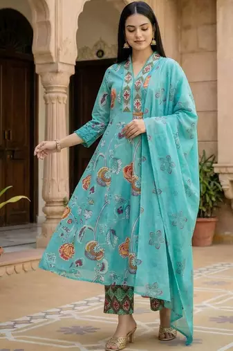 Floral Printed Beads and Stones Pure Cotton Kurta with Trousers & With Dupatta