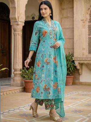 Floral Printed Beads and Stones Pure Cotton Kurta with Trousers & With Dupatta 3