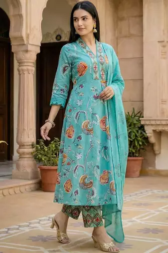Floral Printed Beads and Stones Pure Cotton Kurta with Trousers & With Dupatta