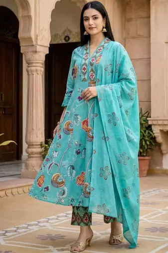 Floral Printed Beads and Stones Pure Cotton Kurta with Trousers & With Dupatta