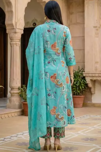 Floral Printed Beads and Stones Pure Cotton Kurta with Trousers & With Dupatta