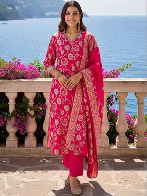 Women Floral Regular Chanderi Silk Kurta with Trousers & With Dupatta 1