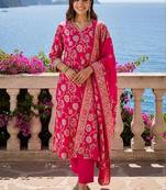 Women Floral Regular Chanderi Silk Kurta with Trousers & With Dupatta
