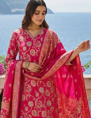Women Floral Regular Chanderi Silk Kurta with Trousers & With Dupatta 2