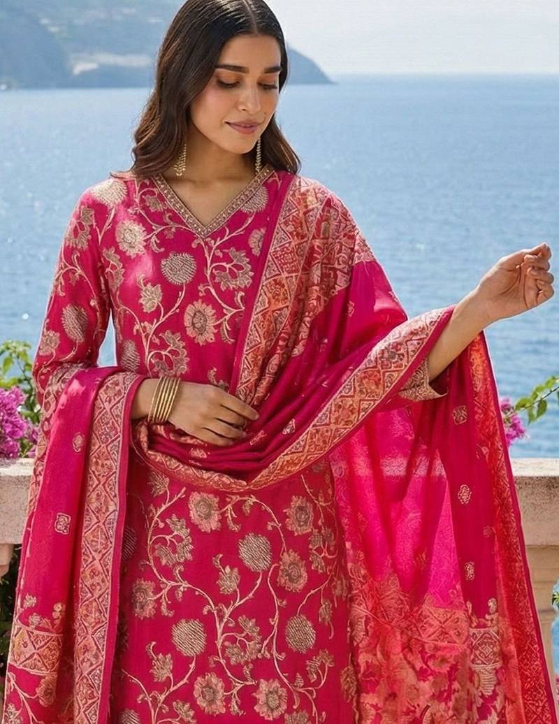 Women Floral Regular Chanderi Silk Kurta with Trousers & With Dupatta