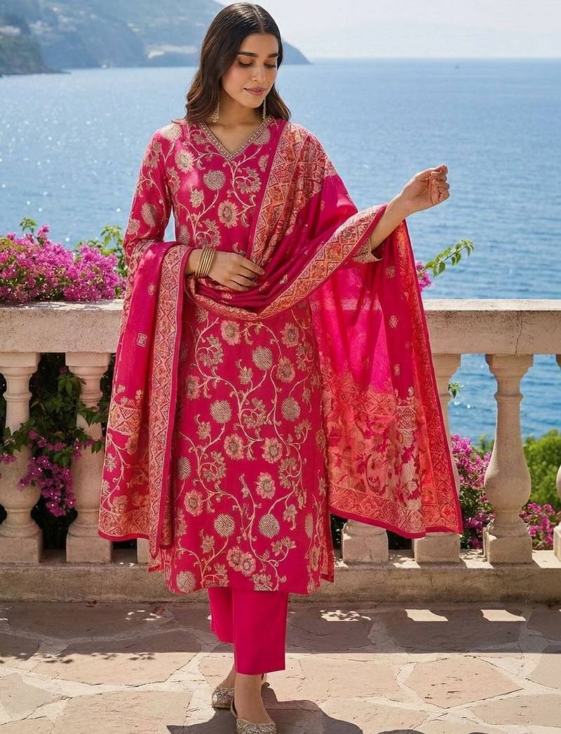 Women Floral Regular Chanderi Silk Kurta with Trousers & With Dupatta