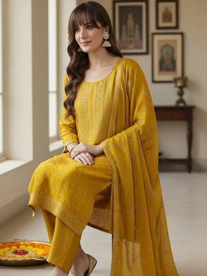 Women Ethnic Motifs Embroidered Regular Thread Work Kurta with Trousers & With Dupatta 1