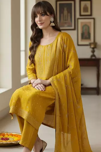 Women Ethnic Motifs Embroidered Regular Thread Work Kurta with Trousers & With Dupatta