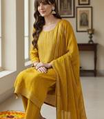 Women Ethnic Motifs Embroidered Regular Thread Work Kurta with Trousers & With Dupatta