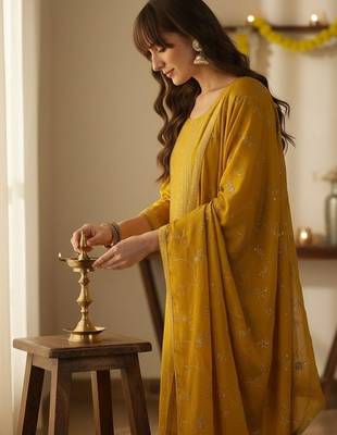 Women Ethnic Motifs Embroidered Regular Thread Work Kurta with Trousers & With Dupatta 2