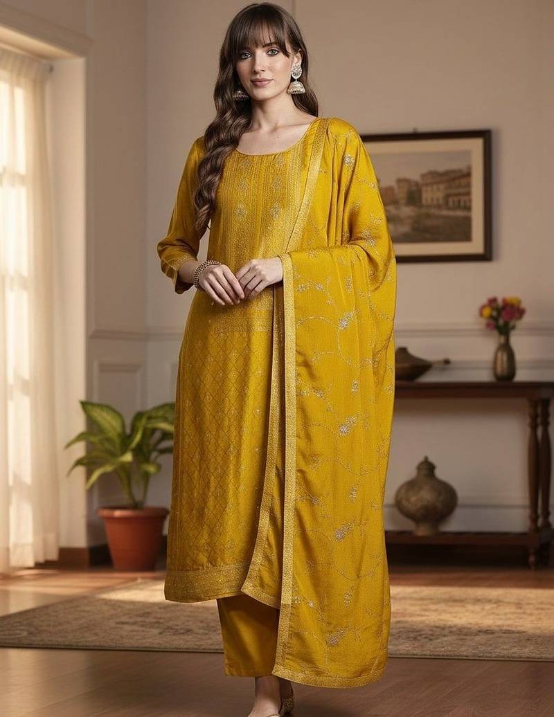 Women Ethnic Motifs Embroidered Regular Thread Work Kurta with Trousers & With Dupatta